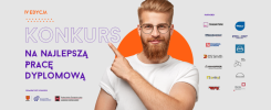 IV edycja konkursu na najlepszą pracę dyplomową. Mężczyzna wskazuje na tekst. Konkurs, organizatorzy, partnerzy.
