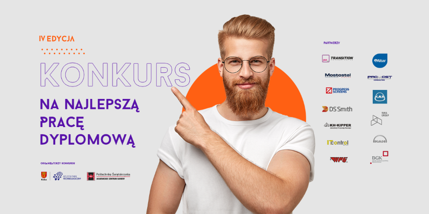 IV edycja konkursu na najlepszą pracę dyplomową. Mężczyzna wskazuje na tekst. Konkurs, organizatorzy, partnerzy.
