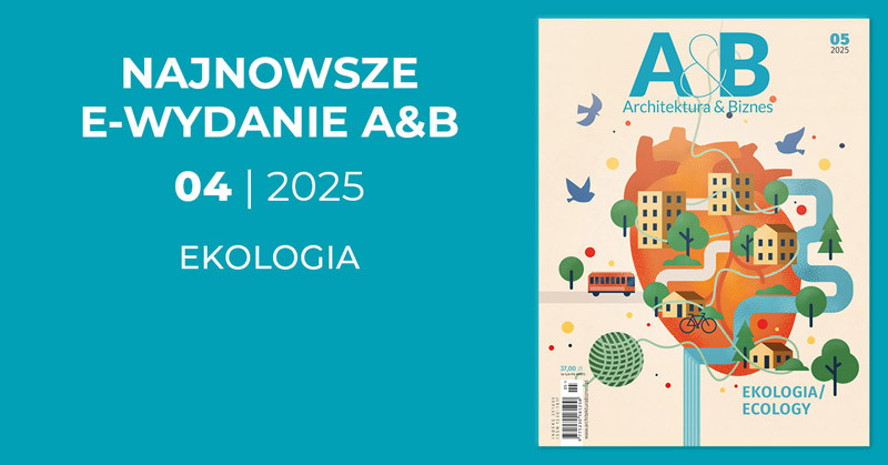 Okładka magazynu "Architektura & Biznes" nr 04/2025, temat: Ekologia. Grafika serca z miastem i naturą.