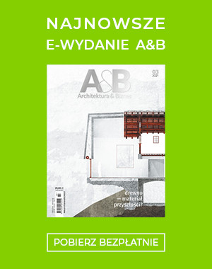 Okładka magazynu "Architektura & Biznes" z hasłem "Najnowsze e-wydanie A&B". Widoczny budynek i przycisk "Pobierz bezpłatnie".