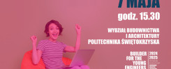 Warsztaty BIM 7 maja godz. 15.30 na Politechnice Świętokrzyskiej. Kobieta z laptopem na pufie.