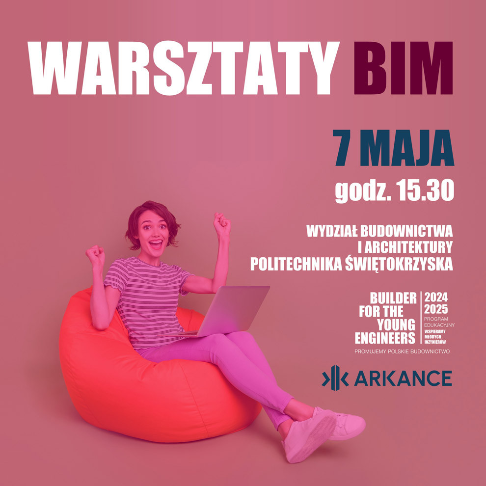 Warsztaty BIM 7 maja godz. 15.30 na Politechnice Świętokrzyskiej. Kobieta z laptopem na pufie.