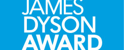 Logo "The James Dyson Award 2023" na niebieskim tle. Kluczowe obiekty: tekst. Kontekst: nagroda.