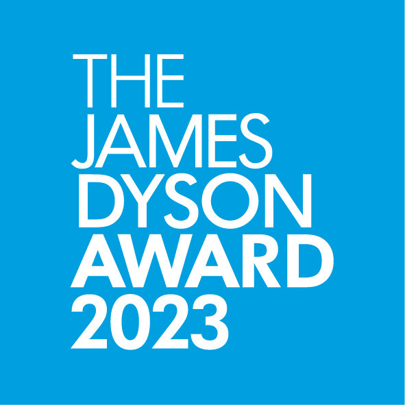 Logo "The James Dyson Award 2023" na niebieskim tle. Kluczowe obiekty: tekst. Kontekst: nagroda.