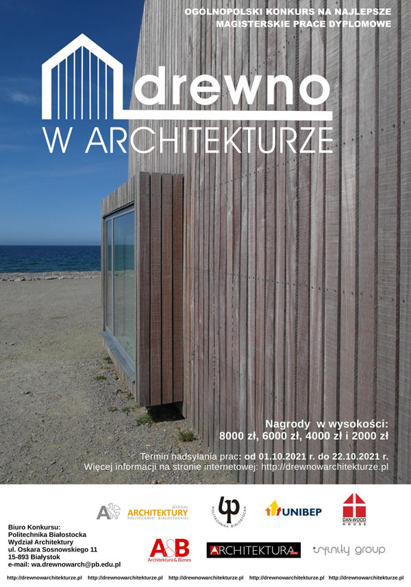 Plakat konkursu "Drewno w Architekturze" z budynkiem z drewna nad morzem. Kluczowe obiekty: budynek, morze, tekst.