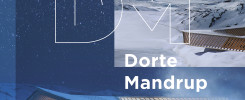 Plakat zapraszający na wykład Dorte Mandrup. W tle krajobraz arktyczny i budynek.