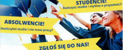 Absolwenci i studenci w togach, z czapkami na głowach. Tekst: "Absolwenci!", "Studenci!", "Zgłoś się do nas!".