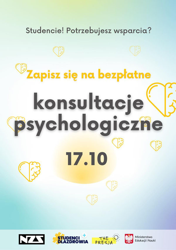 Plakat informuje o bezpłatnych konsultacjach psychologicznych dla studentów.