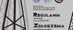 Plakat konkursu "Power Tower 2022" z datami 1-2 XII 2022. Kluczowe obiekty: wieża, logotypy uczelni, QR kod.