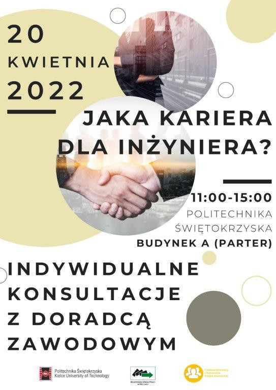 Plakat informuje o konsultacjach z doradcą zawodowym dla inżynierów, które odbędą się 20 kwietnia 2022 r.