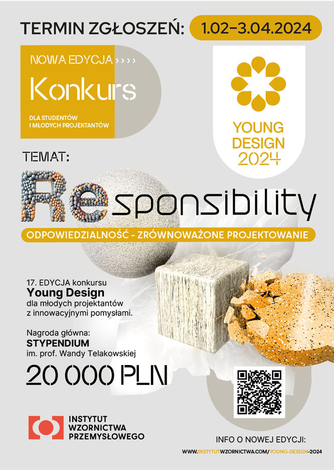 Plakat konkursu Young Design 2024. Termin zgłoszeń: 1.02-3.04.2024. Temat: "Responsibility".