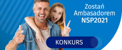 Mężczyzna z córką, hasło #liczysiêkażdy, tekst "Zostań Ambasadorem NSP2021", "KONKURS", logo GUS.