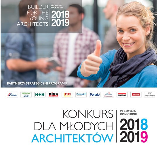 Plakat konkursu "Builder for the Young Architects" 2018/2019. Kobieta pokazuje kciuk w górę.