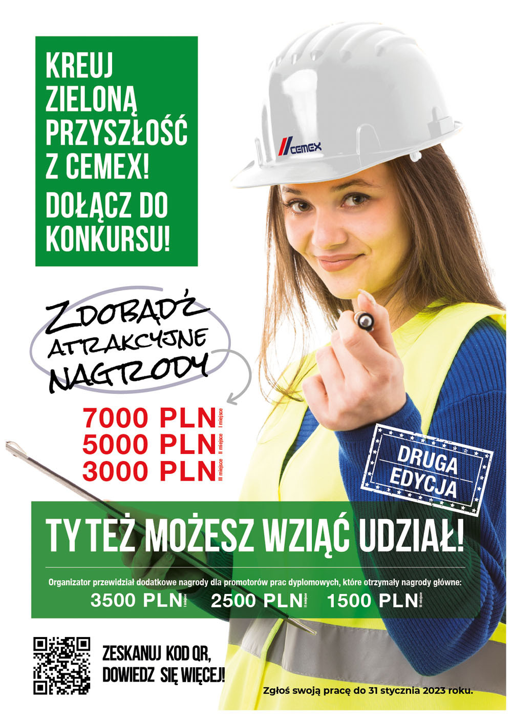 Kobieta w kasku i kamizelce odblaskowej zaprasza do konkursu CEMEX. Nagrody: 7000, 5000, 3000 PLN.