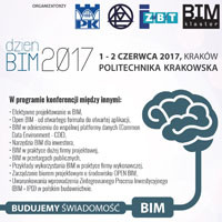 Plakat konferencji Dzień BIM 2017 w Krakowie. Kluczowe obiekty: logo BIM, mózg, tekst. Kontekst: wydarzenie branżowe.