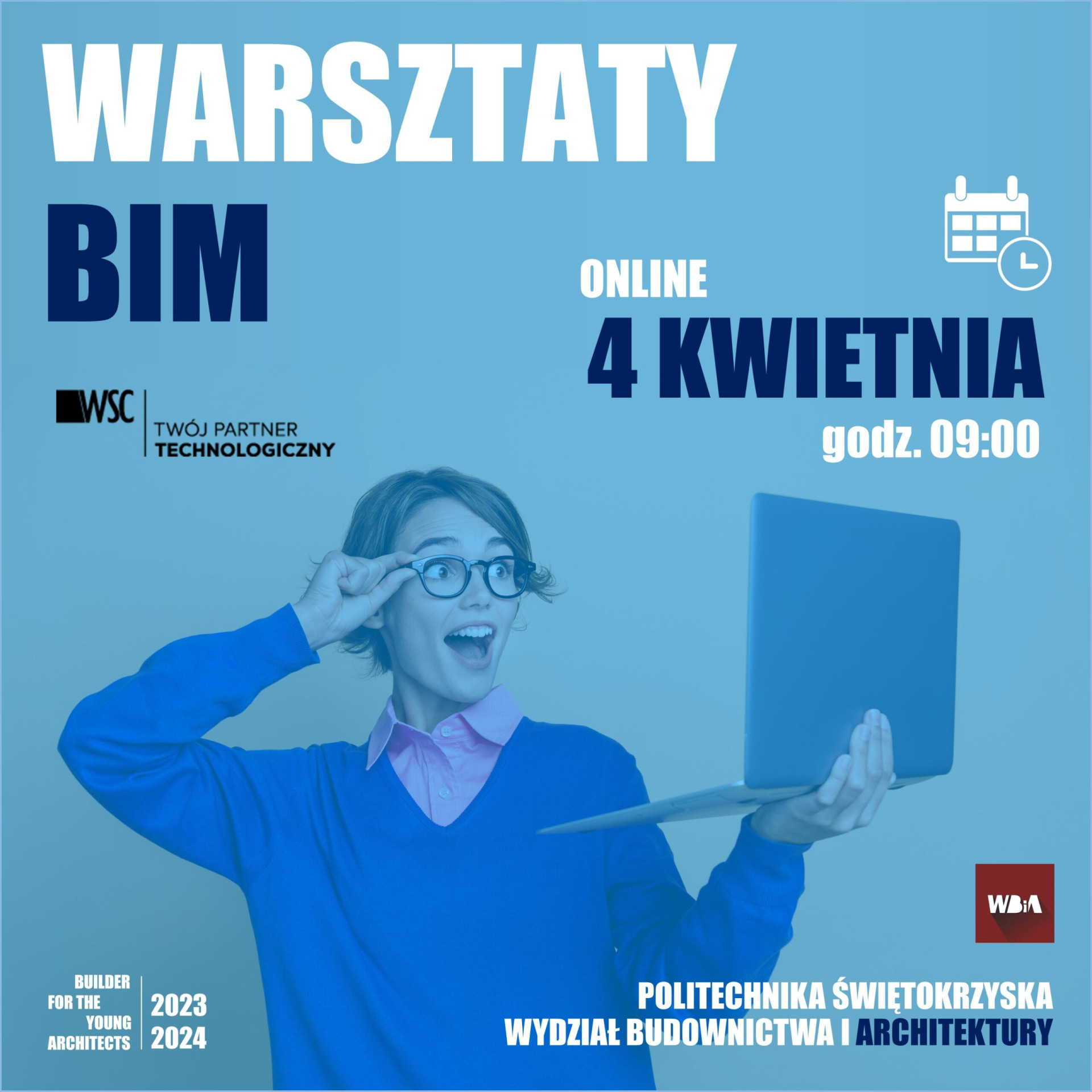 Warsztaty BIM online 4 kwietnia, godz. 09:00. Kobieta z laptopem, logo WSC, Politechnika Świętokrzyska.