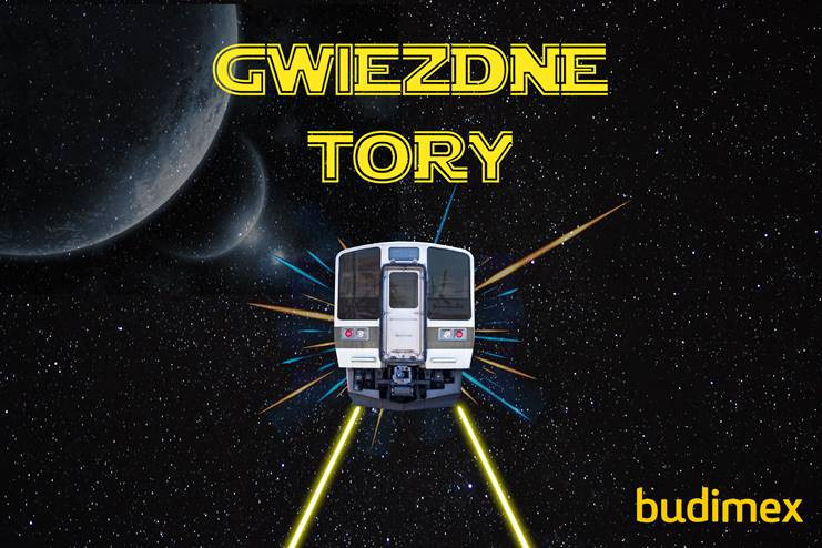 Pociąg w kosmosie z napisem "GWIEZDNE TORY". Widoczne planety, gwiazdy i logo Budimex.