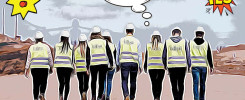 Grupa pracowników w kamizelkach odblaskowych idzie na budowie. W tle chmury, wykrzyknik i napis "YES".