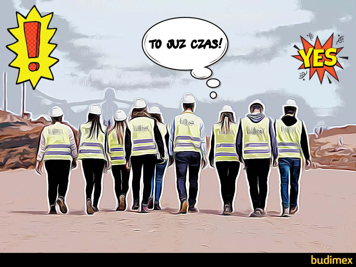 Grupa pracowników w kamizelkach odblaskowych idzie na budowie. W tle chmury, wykrzyknik i napis "YES".