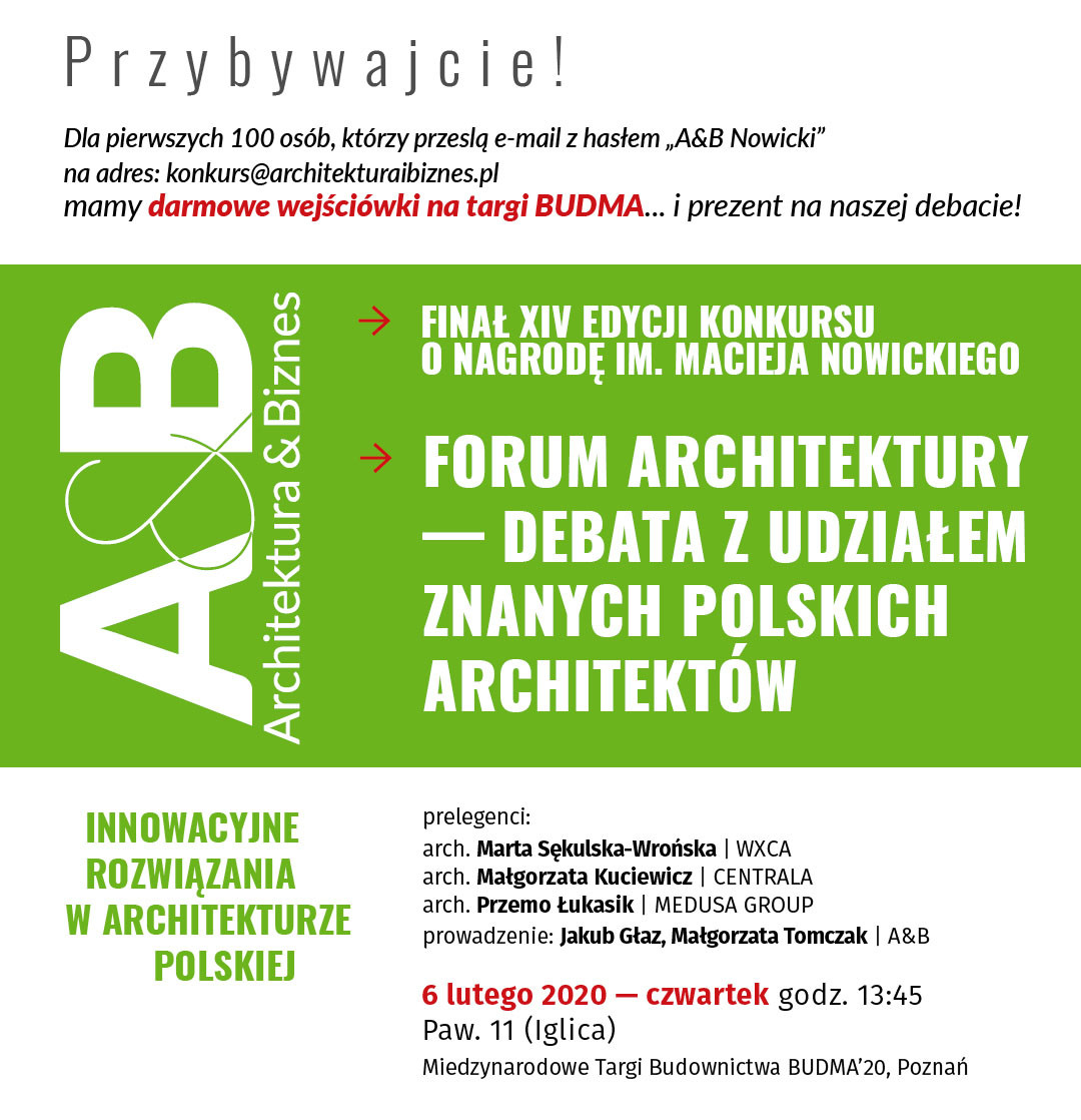 Zaproszenie na finał konkursu i debatę o architekturze z udziałem znanych architektów.