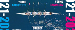 Wiosła i łódź wioślarska na wodzie. Tekst: "Builder for the Young Architects/Engineers", "2021-2022".