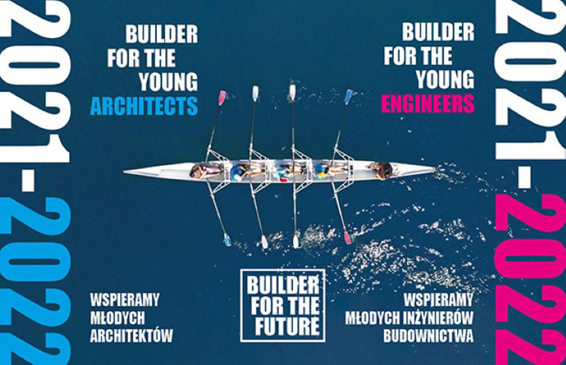 Wiosła i łódź wioślarska na wodzie. Tekst: "Builder for the Young Architects/Engineers", "2021-2022".