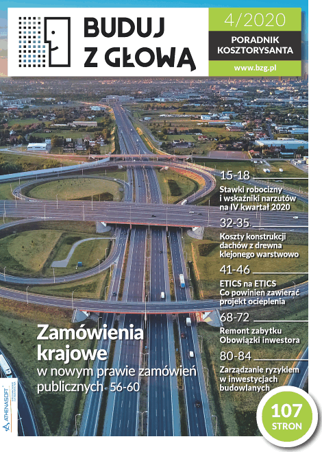 Okładka magazynu "Buduj z Głową" z 4/2020. Widok z lotu ptaka na węzeł autostradowy.