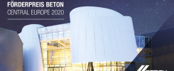 FÖrderpreis Beton Central Europe 2020. Nowoczesny budynek z białymi panelami i szkłem. Logo Cemex.