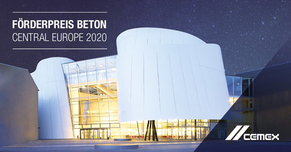 FÖrderpreis Beton Central Europe 2020. Nowoczesny budynek z białymi panelami i szkłem. Logo Cemex.