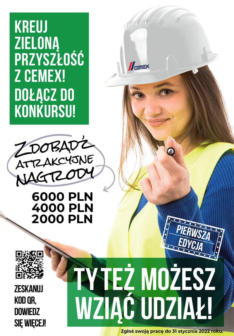 Kobieta w kasku i kamizelce odblaskowej zaprasza do konkursu z nagrodami. Kluczowe obiekty: kask, kamizelka, tekst.