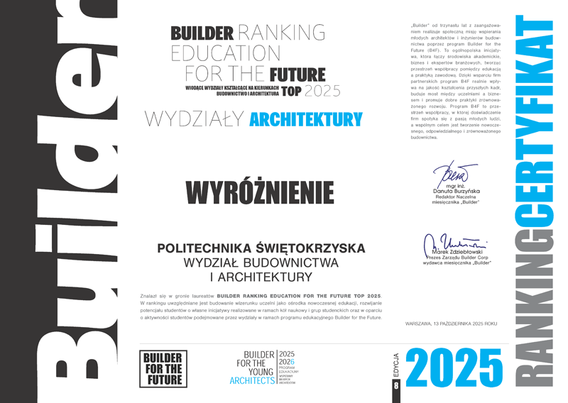 Dyplom wyróżnienia dla Politechniki Świętokrzyskiej, Wydziału Budownictwa i Architektury w rankingu Builder Ranking Education