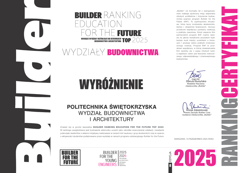 Wyróżnienie dla Wydziału Budownictwa qi Architektury Politechniki Świętokrzyskiej