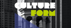 Napisy "CULTURE FORM" na tle miejskiego krajobrazu z budynkami i kopułą.