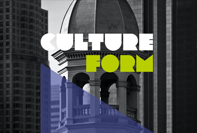 Napisy "CULTURE FORM" na tle miejskiego krajobrazu z budynkami i kopułą.