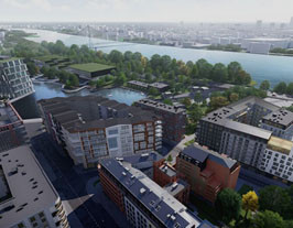 Wizualizacja architektoniczna nowoczesnego osiedla nad rzeką. Widoczne budynki mieszkalne, tereny zielone i most.
