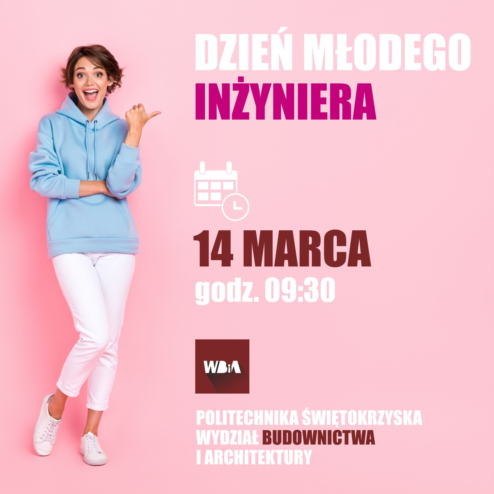 Plakat informuje o Dniu Młodego Inżyniera 14 marca o 09:30 na Politechnice Świętokrzyskiej.