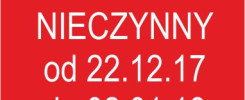 Czerwony prostokąt z białym tekstem: "DZIEKANAT NIECZYNNY od 22.12.17 do 02.01.18". Informacja o niedostępności dziekanatu.