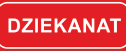 Tablica z napisem "DZIEKANAT" w kolorze białym na czerwonym tle.