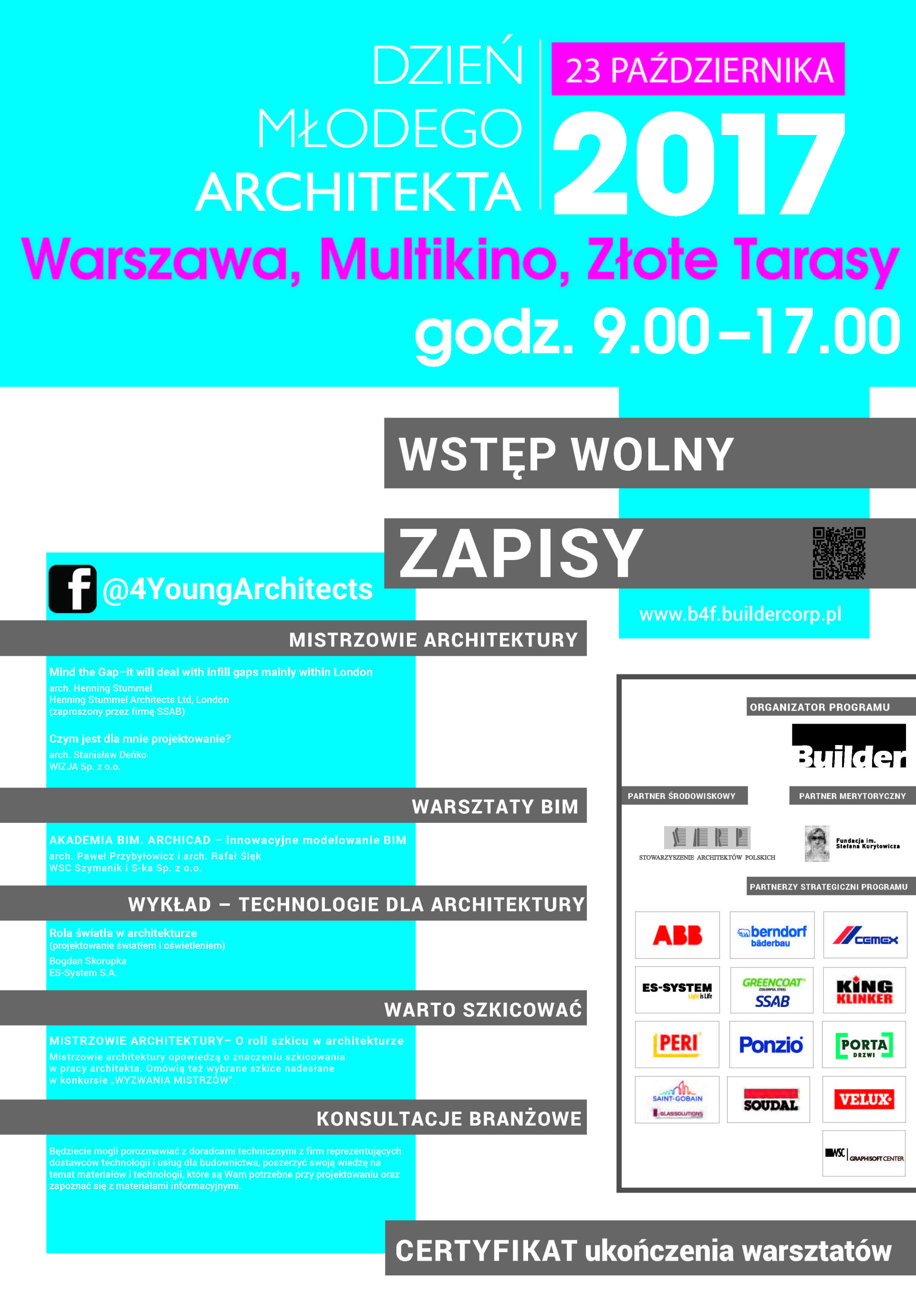 Plakat informuje o Dniu Młodego Architekta 23.10.2017 w Multikinie Złote Tarasy, Warszawa. Wstęp wolny.