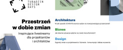 Grafika promuje Tubądzin Design Days. Kluczowe obiekty: logo, tytuł "Przestrzeń w dobie zmian", sekcje "Architektura",