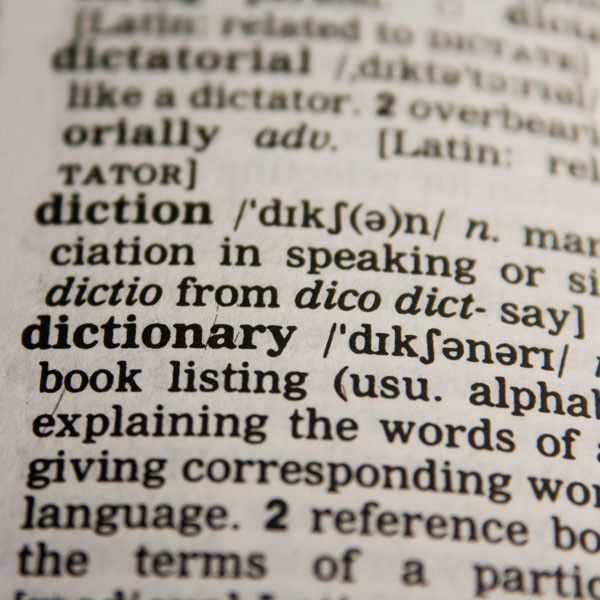 Strona słownika z hasłem "dictionary" i jego definicją. Kluczowe obiekty: słowo "dictionary", definicja, fonetyczny zapis.