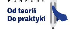 Konkurs "Od teorii do praktyki" z symbolem ołówka i krawatem.
