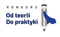 Konkurs "Od teorii do praktyki" z symbolem ołówka i krawatem.