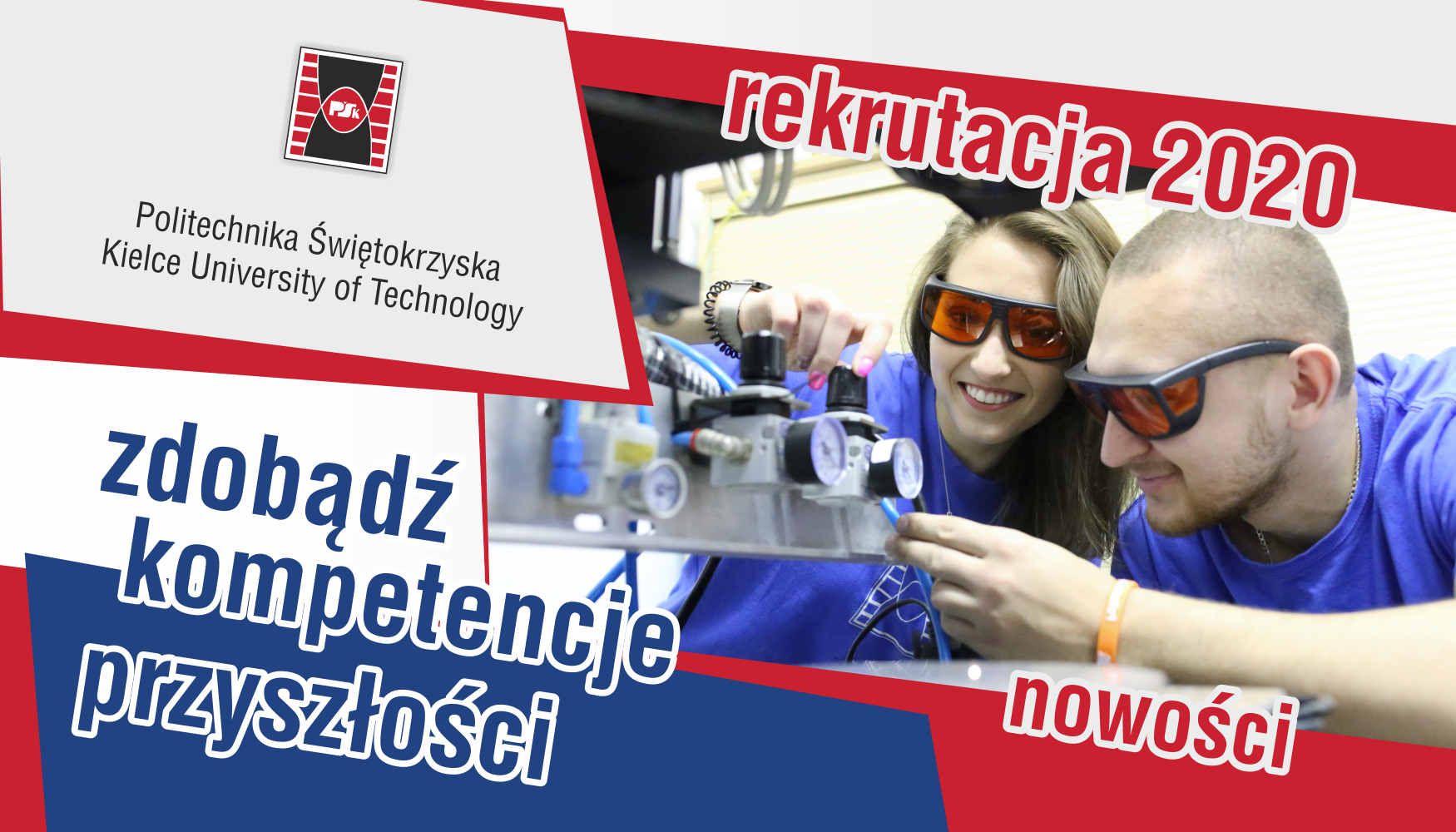 Rekrutacja 2020 Politechniki Świętokrzyskiej. Młodzi ludzie w okularach ochronnych pracują przy urządzeniu.