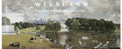 Kolaż z elementami architektury, krajobrazu i ludźmi. Widoczne: stadion, miasto, jezioro, zwierzęta, postacie.