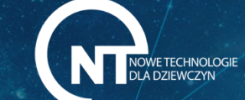 Logo "eNT" z napisem "NOWE TECHNOLOGIE DLA DZIEWCZYN" na tle kosmicznym.