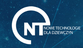 Logo "eNT" z napisem "NOWE TECHNOLOGIE DLA DZIEWCZYN" na tle kosmicznym.