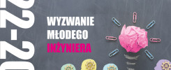 Konkurs dla Młodych Inżynierów 2022-2023. Grafika zawiera symbole pomysłów i rozwoju.