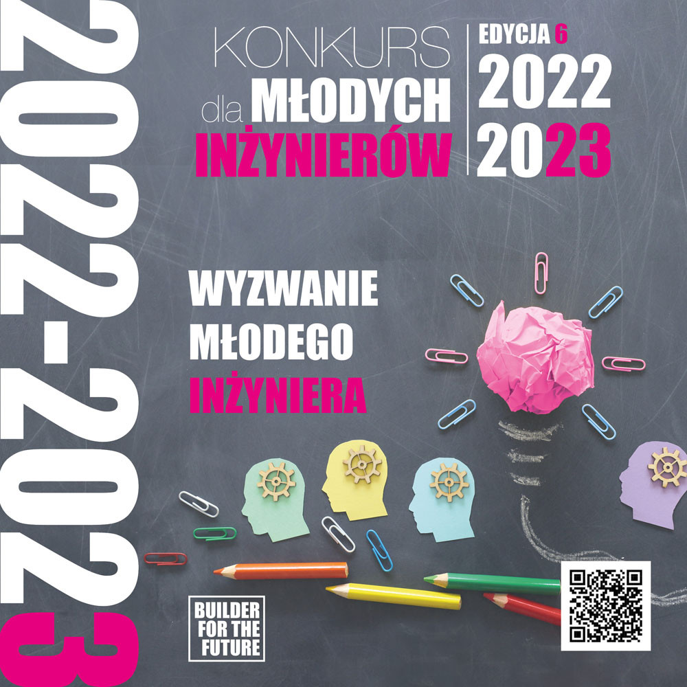 Konkurs dla Młodych Inżynierów 2022-2023. Grafika zawiera symbole pomysłów i rozwoju.