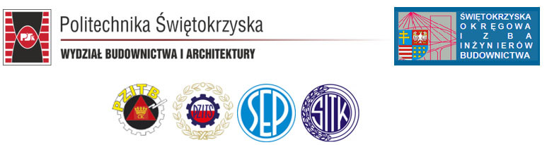 Logotyp Politechniki Świętokrzyskiej, Wydziału Budownictwa i Architektury, oraz pieczęcie organizacji branżowych.